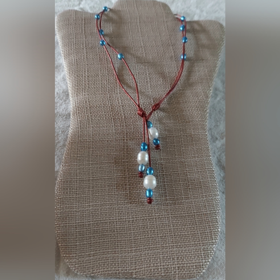 Handmade White & Light Blue Pearl & Metallic Red Leather 3-Way Necklace